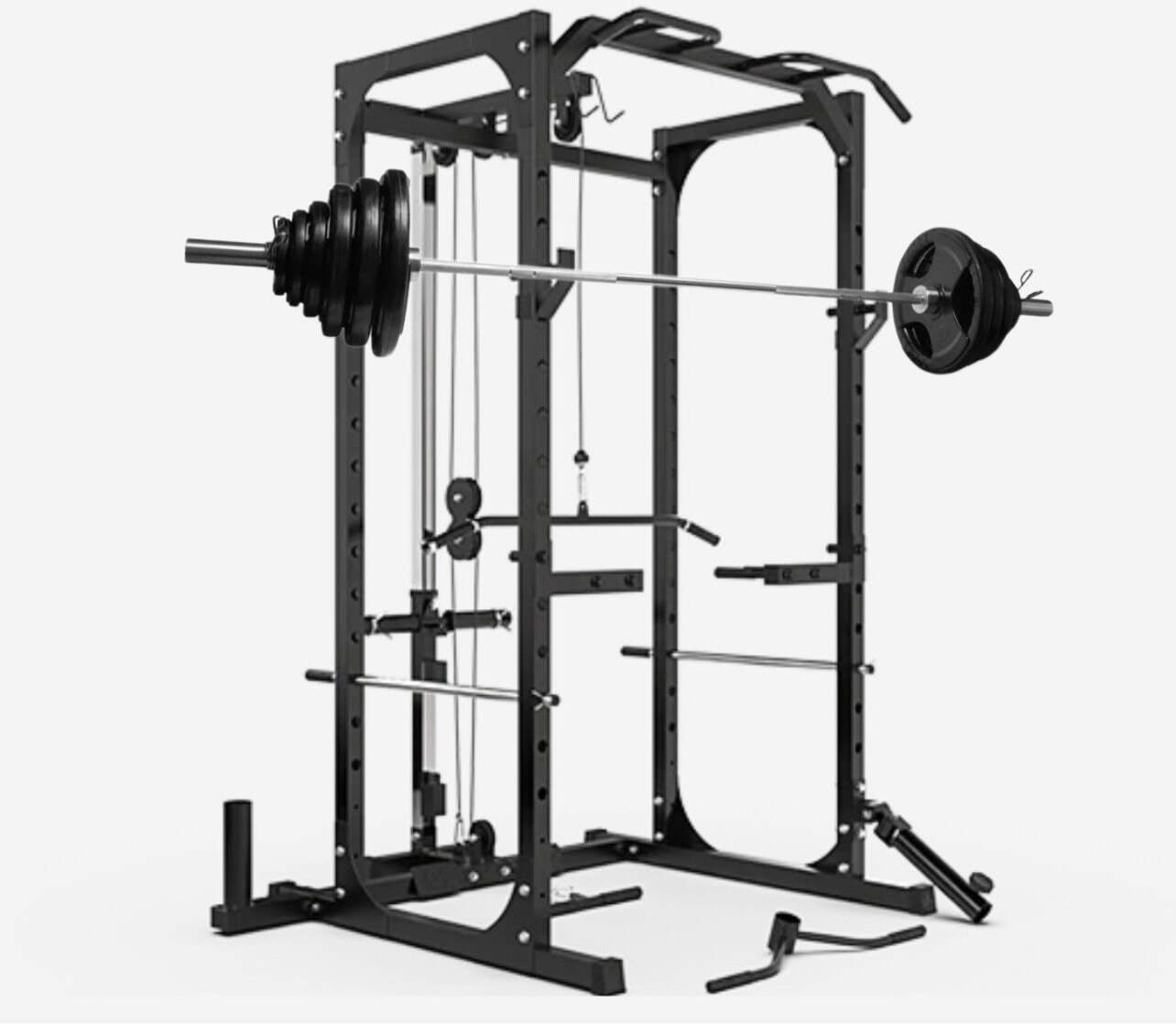 power rack cage with 7ft barbell and olympic weight plates Golden Fitness