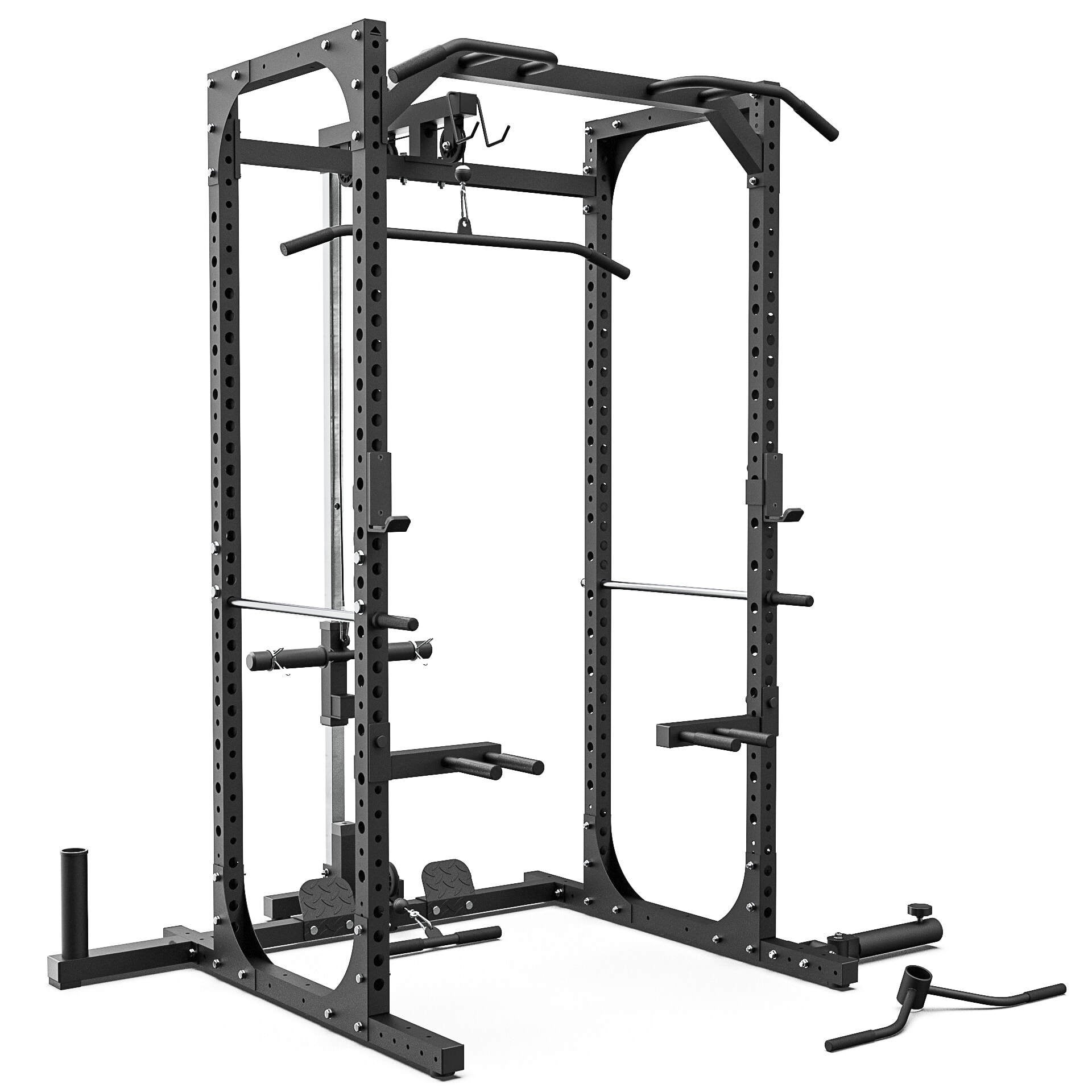 power rack cage with 7ft barbell and olympic weight plates